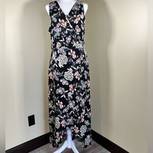 Black and Pink Floral Print Sleeveless Asymmetrical Front Maxi Dress - Size XL
